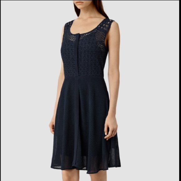AllSaints Navy Blue Eyelet Lace Embroidered A-Line Dress - Picture 2 of 8